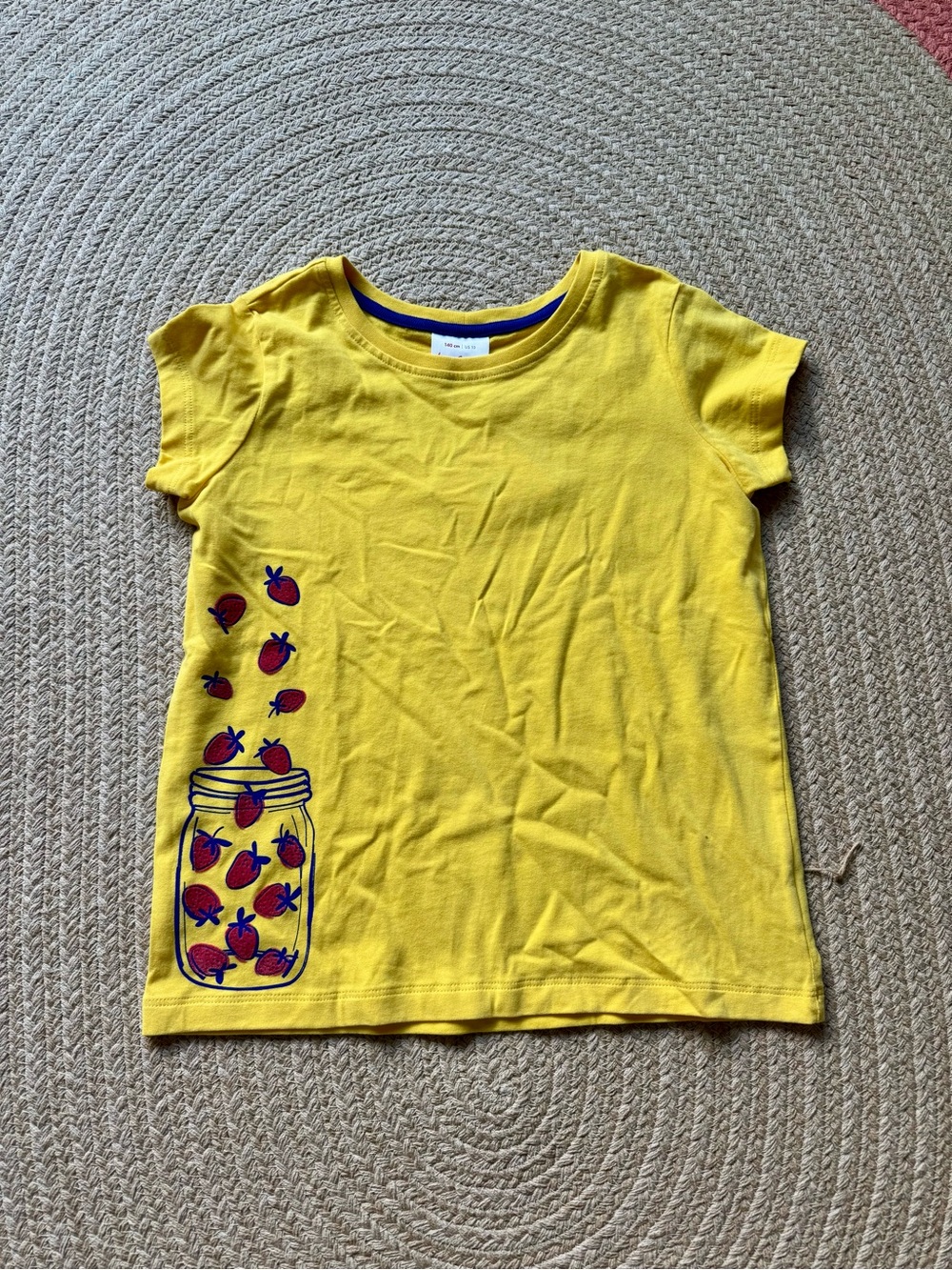 Hanna Andersson Girls’ Yellow Short Sleeve Tee with Strawberry Jar, Size 10